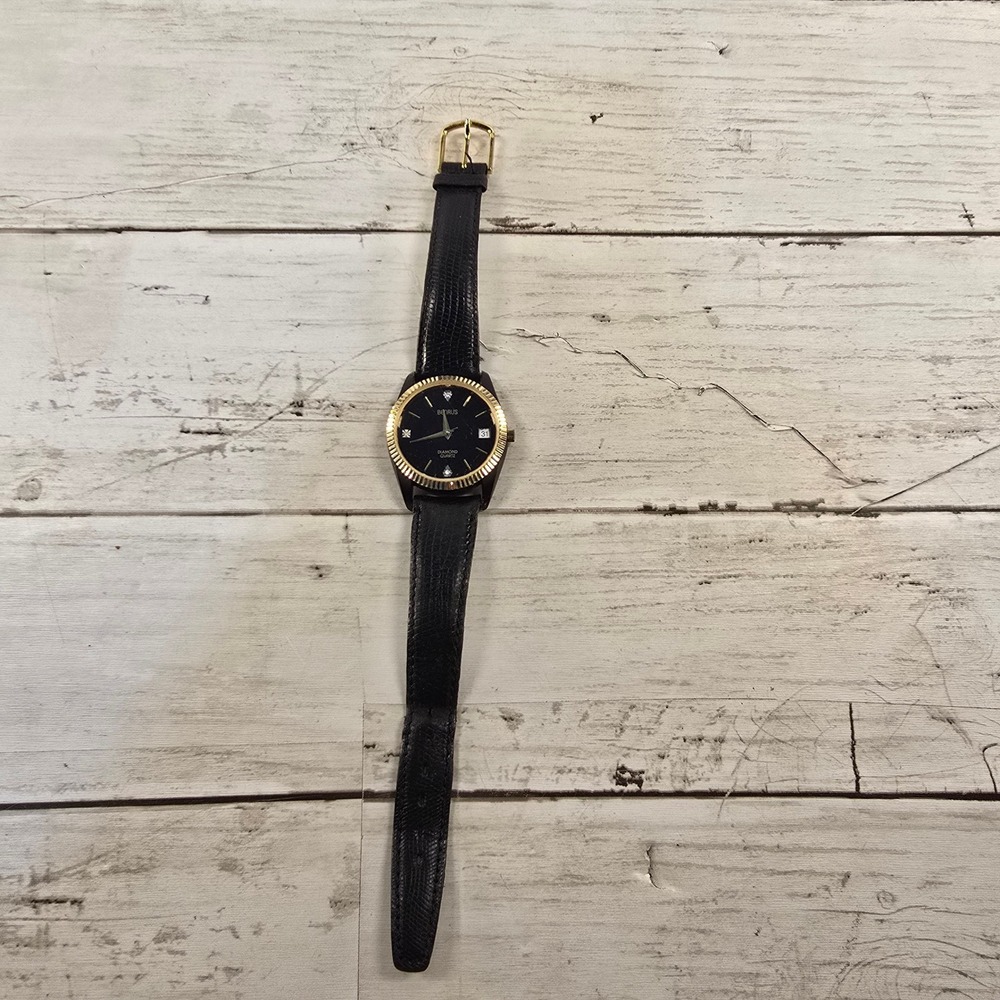 Benrus Diamond Quartz Watch Black Dial Gold Fluted Bezel Leather Strap 3ATM